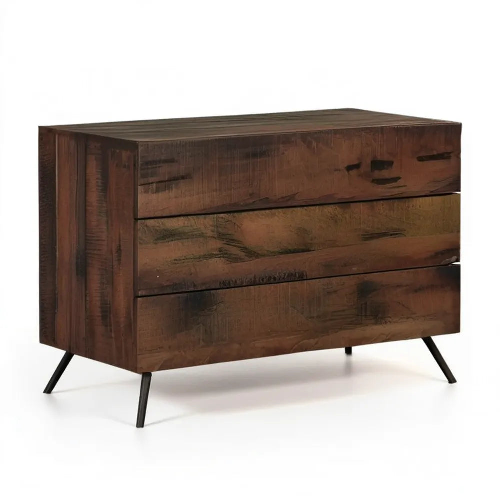 Komoda industrialna z litego drewna mango, 3 szuflady, ciemnobrązowa/czarna, 100 x 40 x 75 cm