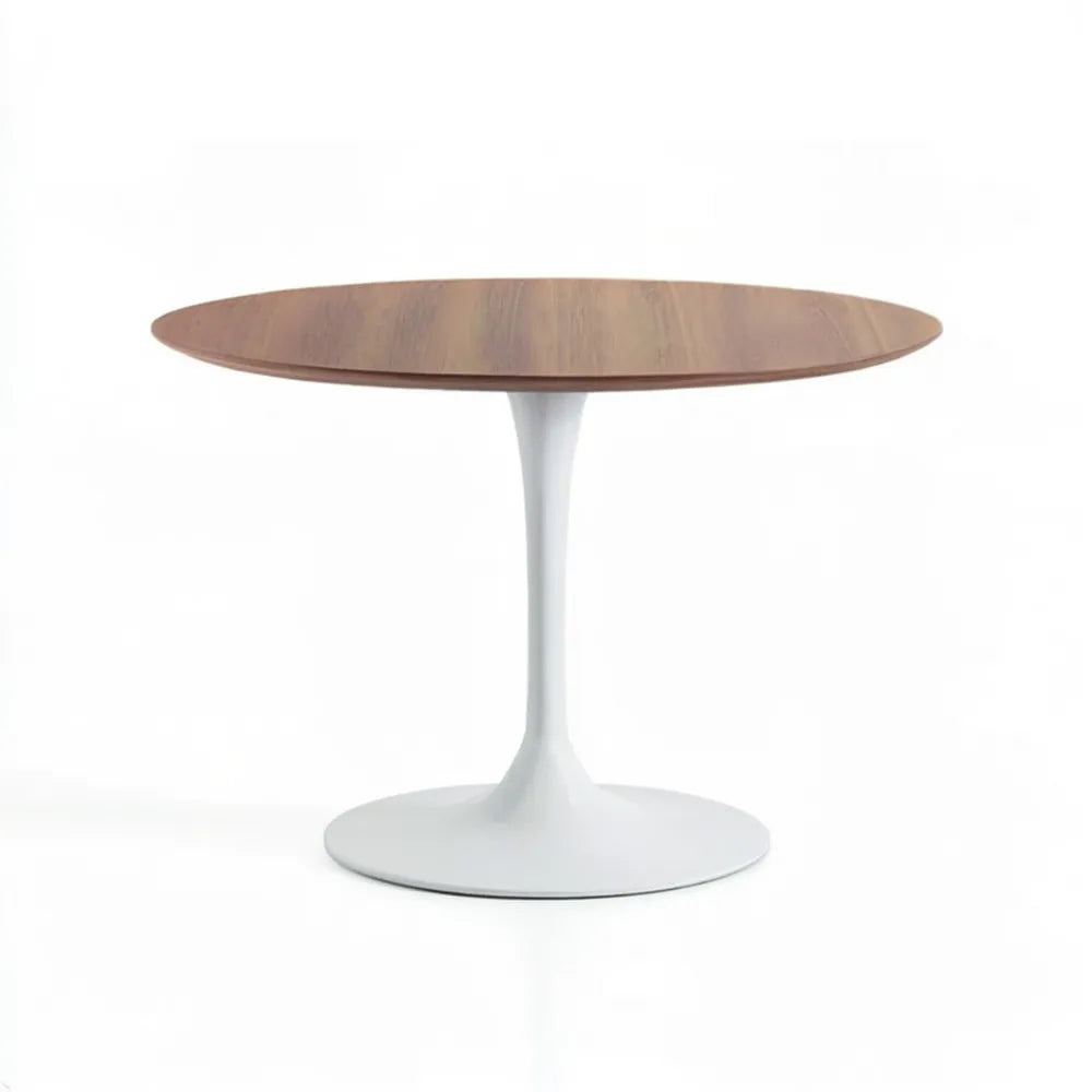 Okrągły stół z blatem MDF w okleinie orzechowej i białą stalową podstawą, Ø 100 × 75 cm