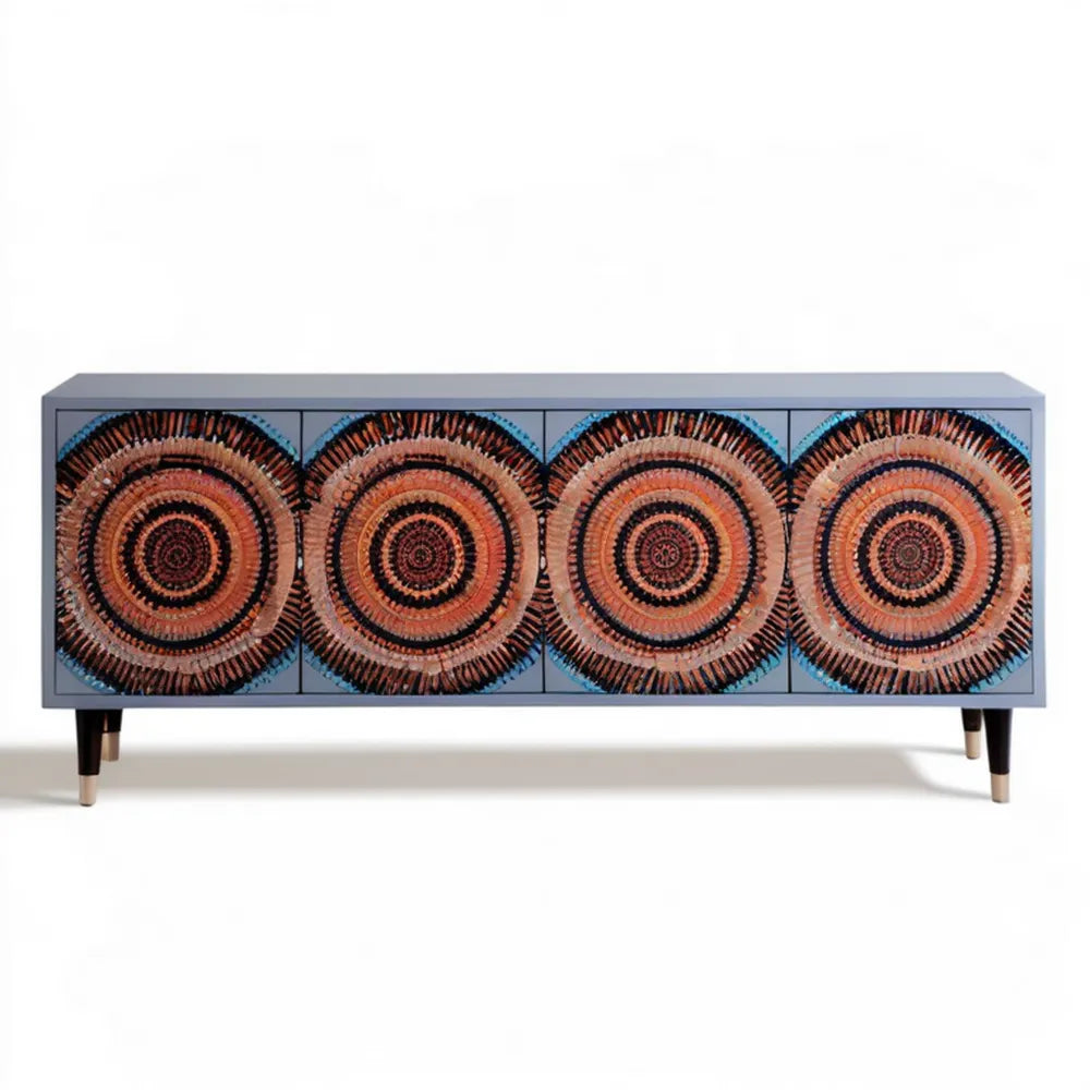 Czterodrzwiowy kredens MDF 180 x 40 x 80 cm szary z geometrycznym wzorem