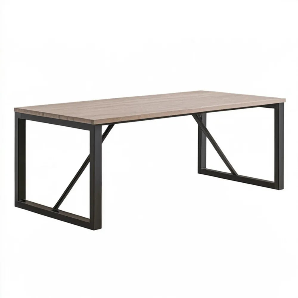 Prostokątny stół 140 x 80 x 75 cm z laminowanym blatem w kolorze jasnego dębu i czarną stalową podstawą