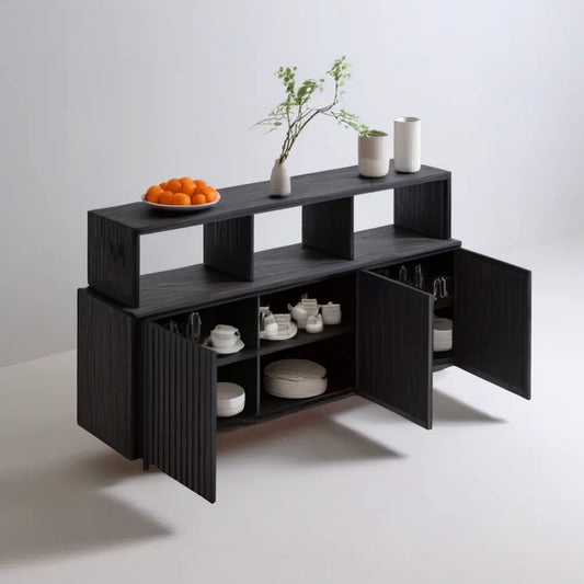Czarny kredens MDF z 3 drzwiami i otwartą nadstawką 160 × 40 × 110 cm