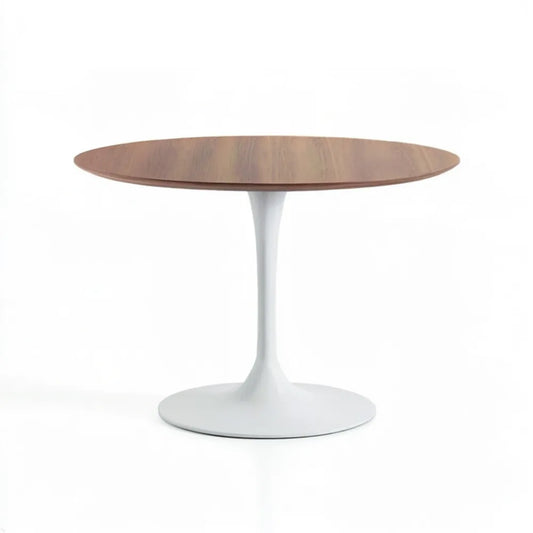 Okrągły stół z blatem MDF w okleinie orzechowej i białą stalową podstawą, Ø 100 × 75 cm