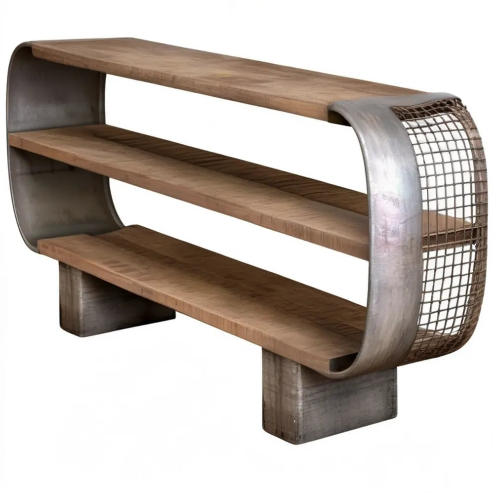 Otwarty regał z 3 półkami MDF w dekorze dębu i szarej stali, 160 × 40 × 90 cm