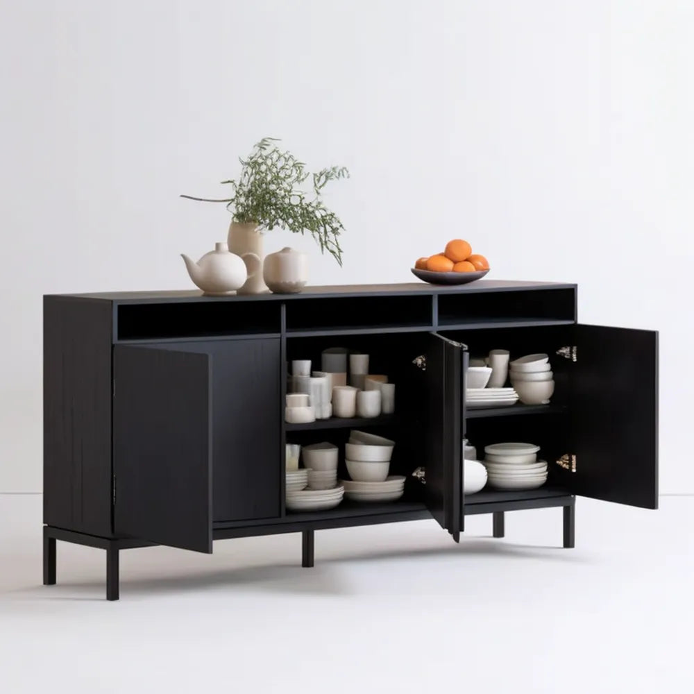 Czarny kredens do jadalni z MDF i stali 160 x 40 x 85 cm